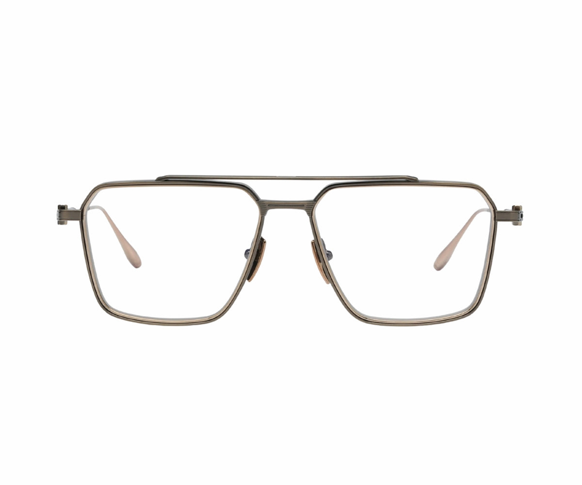 Modern aviator-style metal eyeglasses with rectangular frames and rose gold accents, ideal for designer fashion