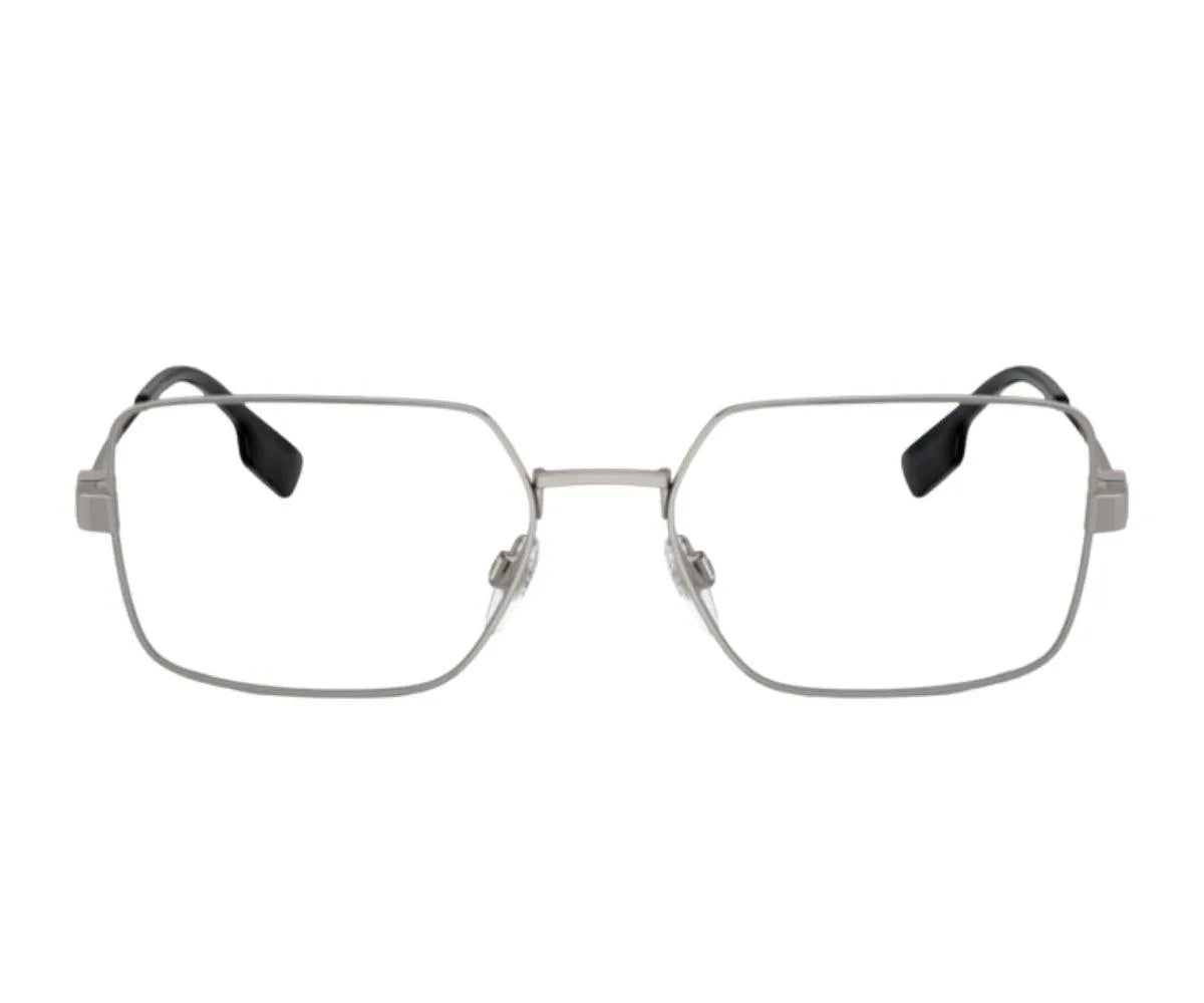 Silver rectangular metal eyeglasses with black temple tips, designer frames for men and women