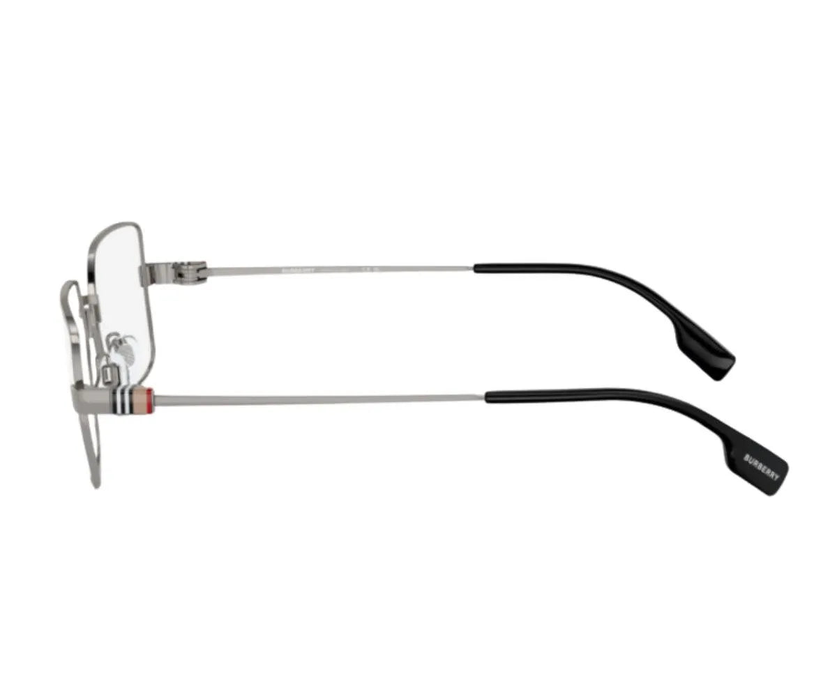 Burberry rimless glasses with signature stripe detail and black temple tips, luxury designer eyewear