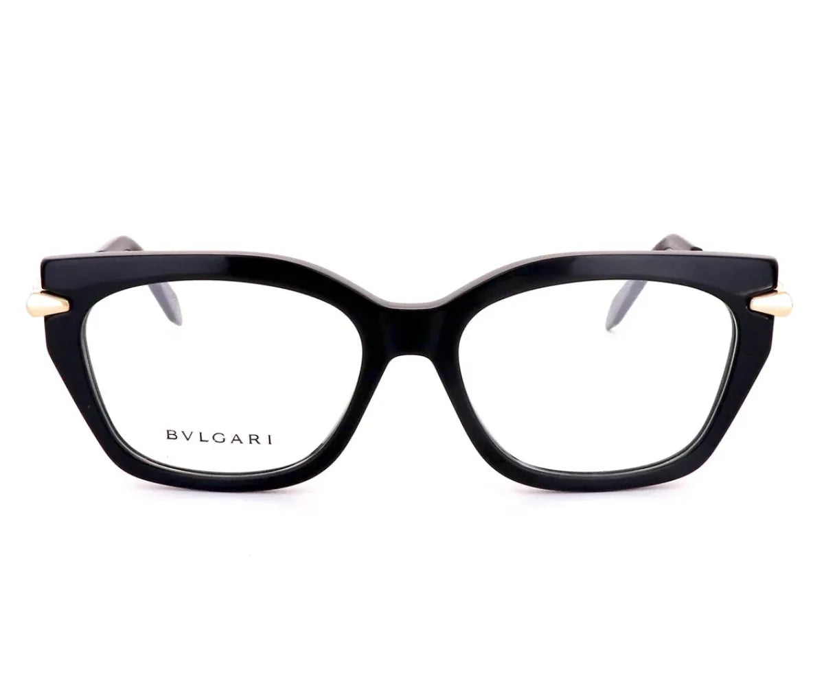 BVLGARI black cat-eye glasses with gold accents, luxury designer eyewear