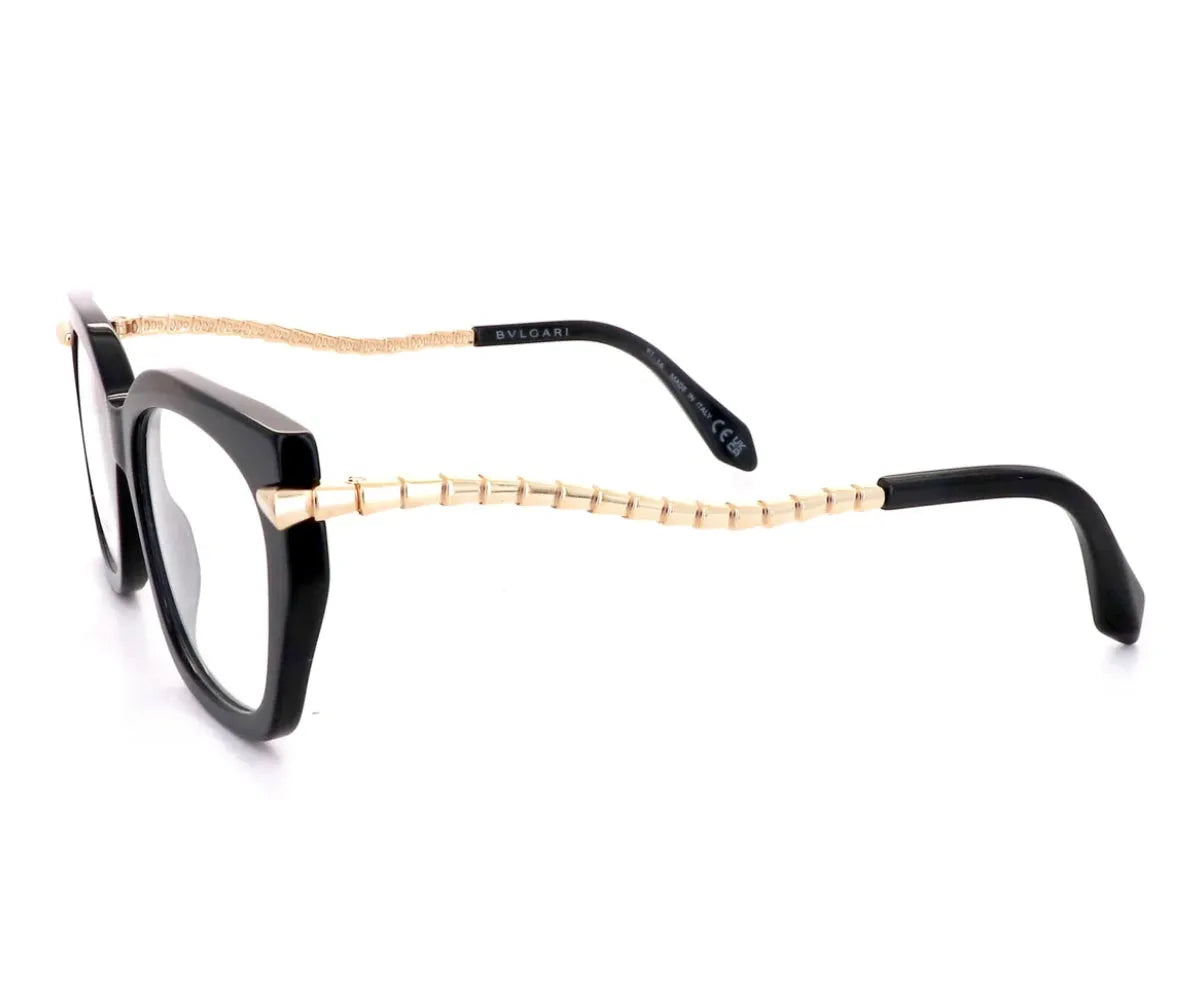 Luxury black and gold designer eyeglasses with Bvlgari branding, ideal for fashion-forward styles.