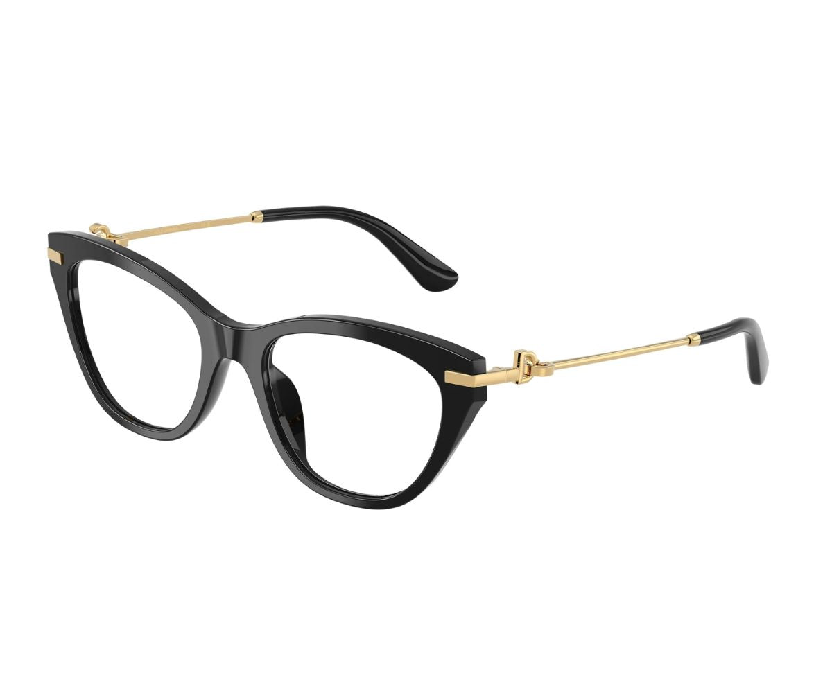 Black cat-eye glasses with gold accents, designer luxury eyewear for women