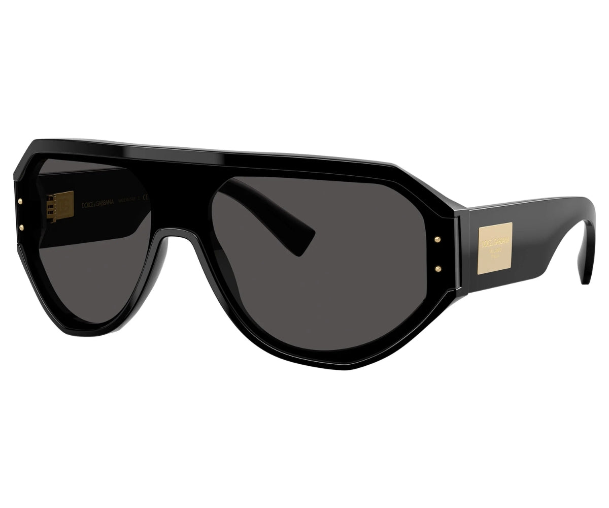 Dolce & Gabbana black oversized shield sunglasses with gold accents, luxury designer frames