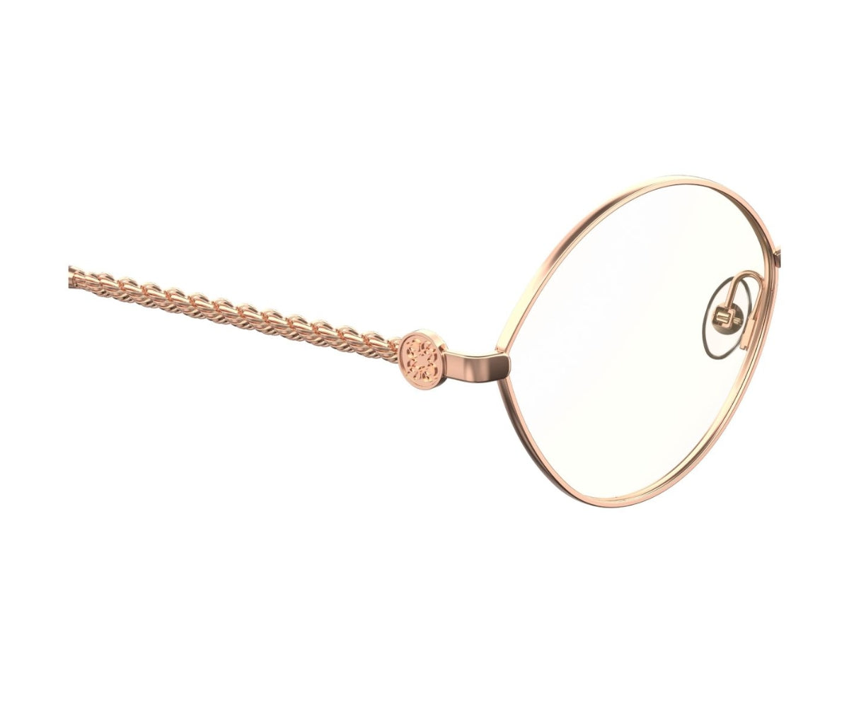 Rose gold round frame glasses with braided temple detail, luxury designer eyewear