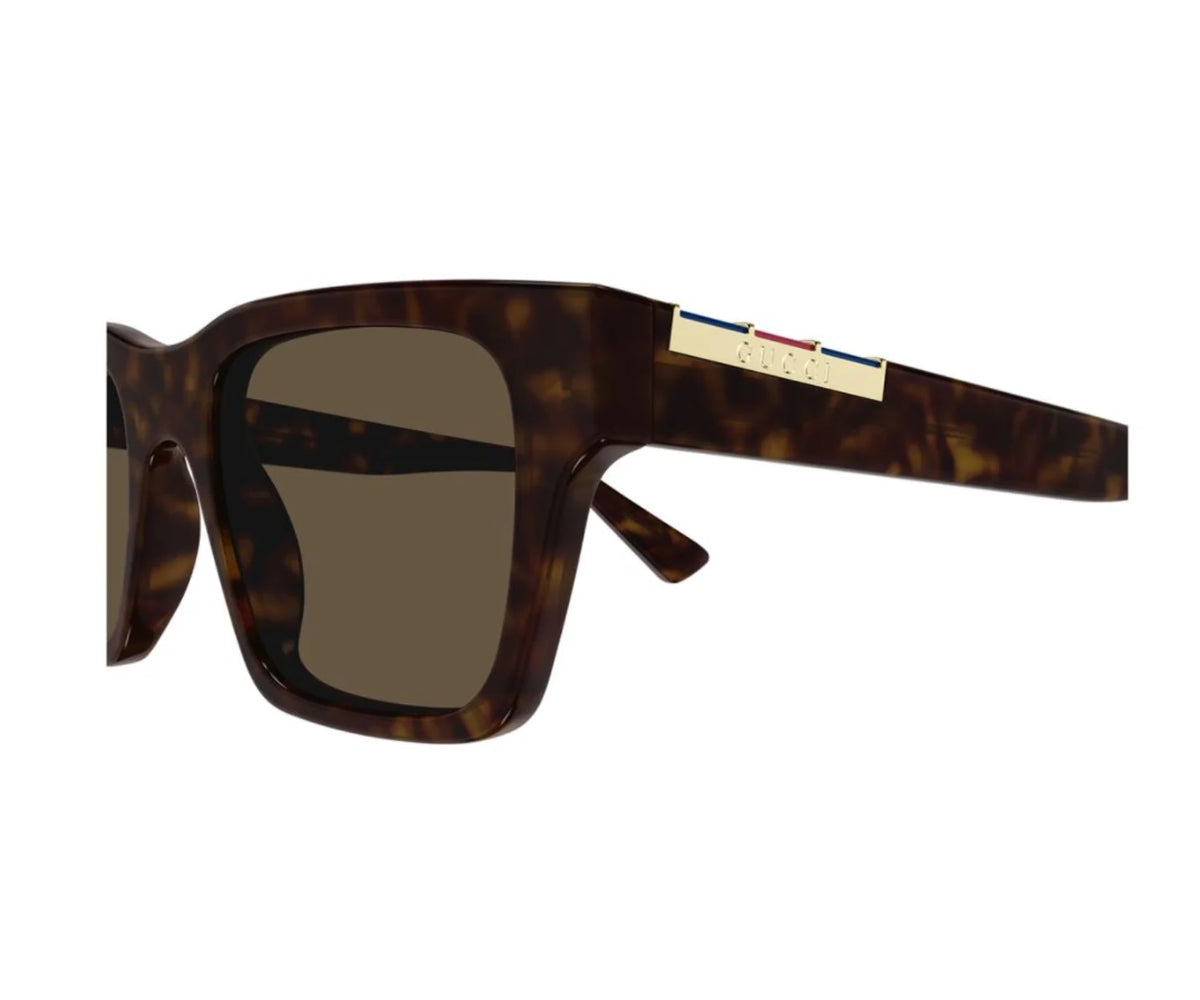 Gucci tortoiseshell square sunglasses with gold logo detail, luxury designer shades