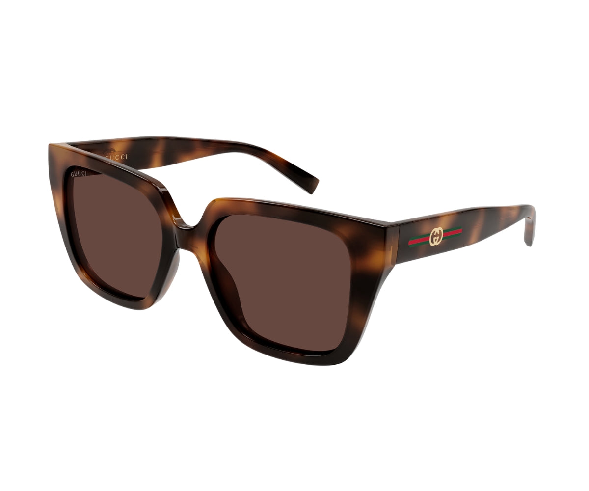 Gucci tortoiseshell square sunglasses with brown lenses and iconic red-green stripe