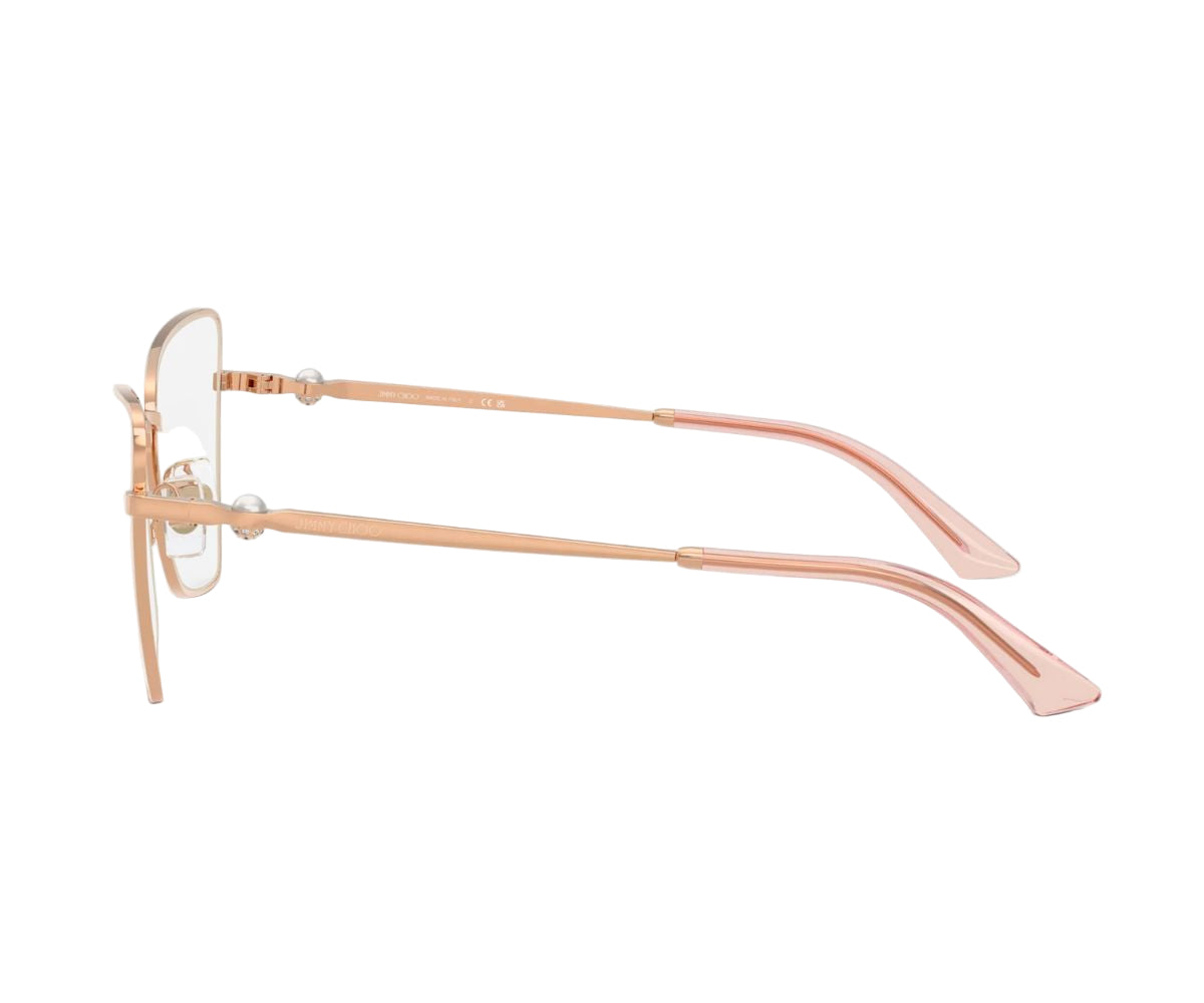 Rose gold Jimmy Choo designer sunglasses with clear lenses and pearl accents, luxury eyewear style