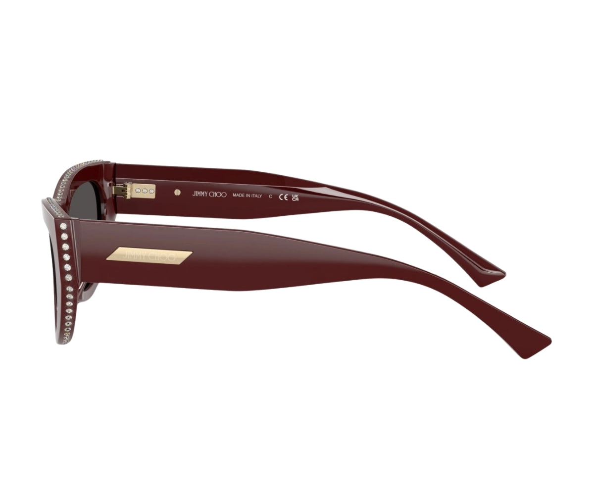 Luxury burgundy Jimmy Choo sunglasses with crystal embellishments, designer frames made in Italy