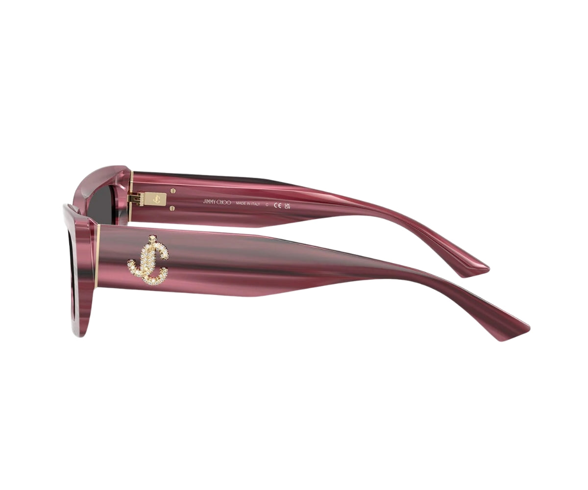 Luxury burgundy Jimmy Choo sunglasses with crystal logo, designer frames for women