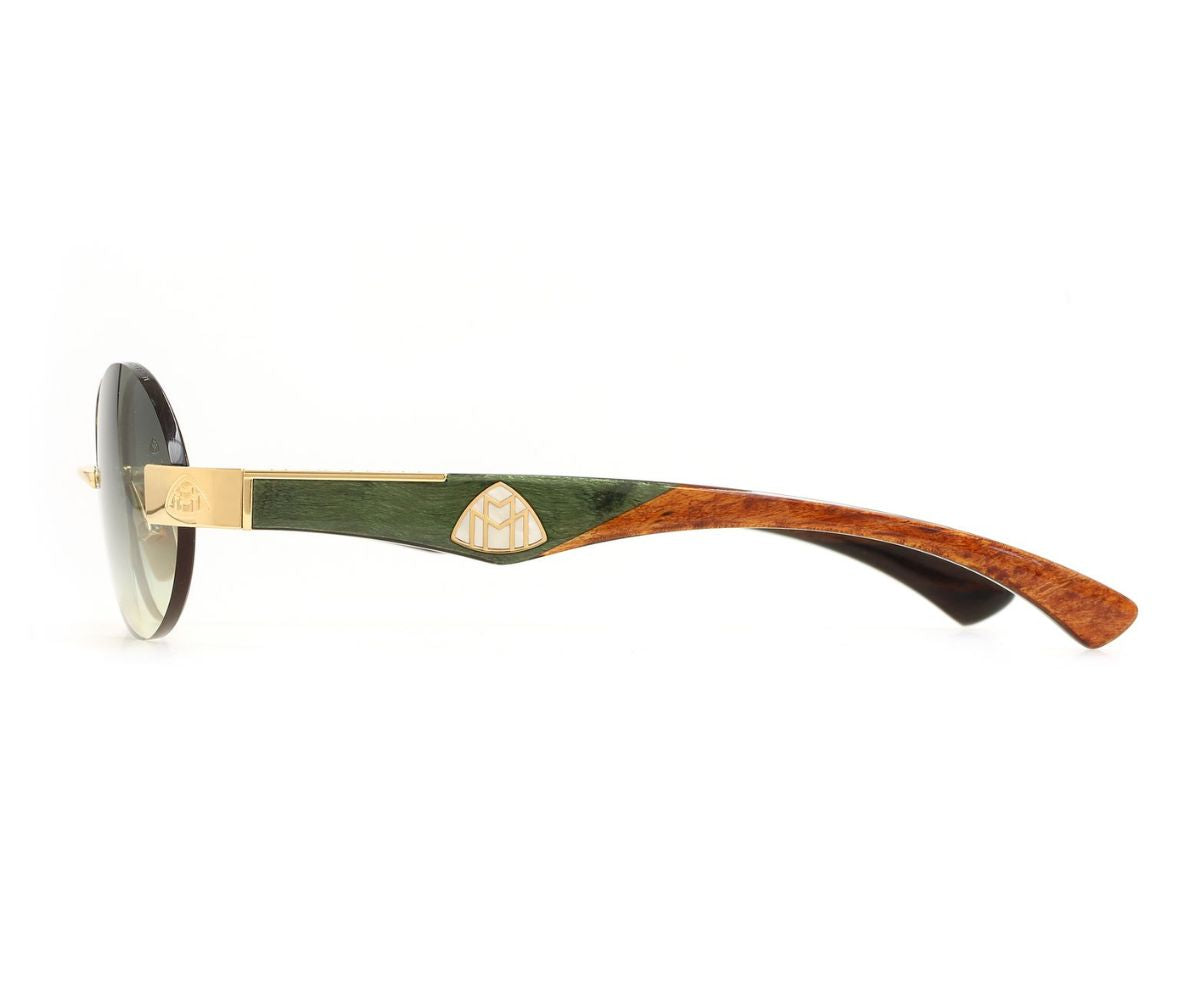 Luxury round sunglasses with green and wood-tone arms, gold accents, designer detail
