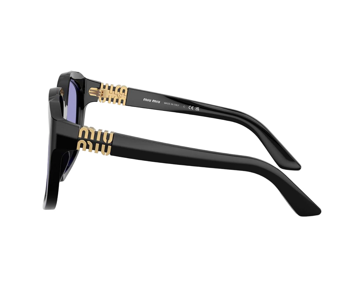 Miu Miu black sunglasses with gold logo details, luxury designer frames, Made in Italy