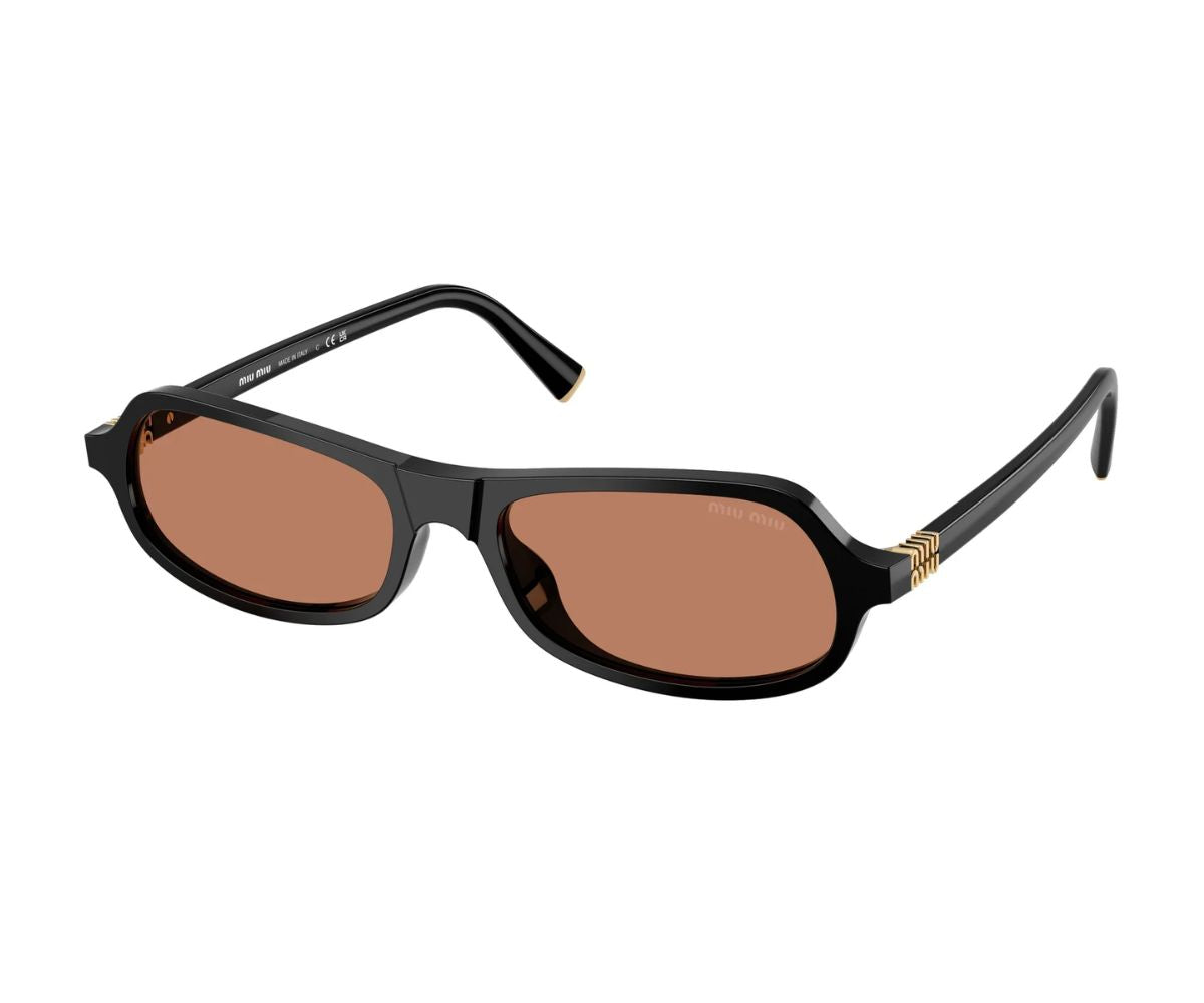 Miu Miu black rectangular sunglasses with brown lenses and gold accents, luxury designer eyewear