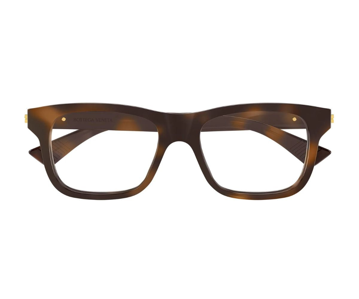 Bottega Veneta tortoiseshell square eyeglasses with gold accents, luxury designer frames