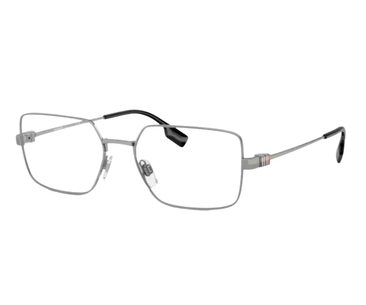 Silver rectangular metal eyeglasses with black temple tips and signature stripe detail, luxury designer frames