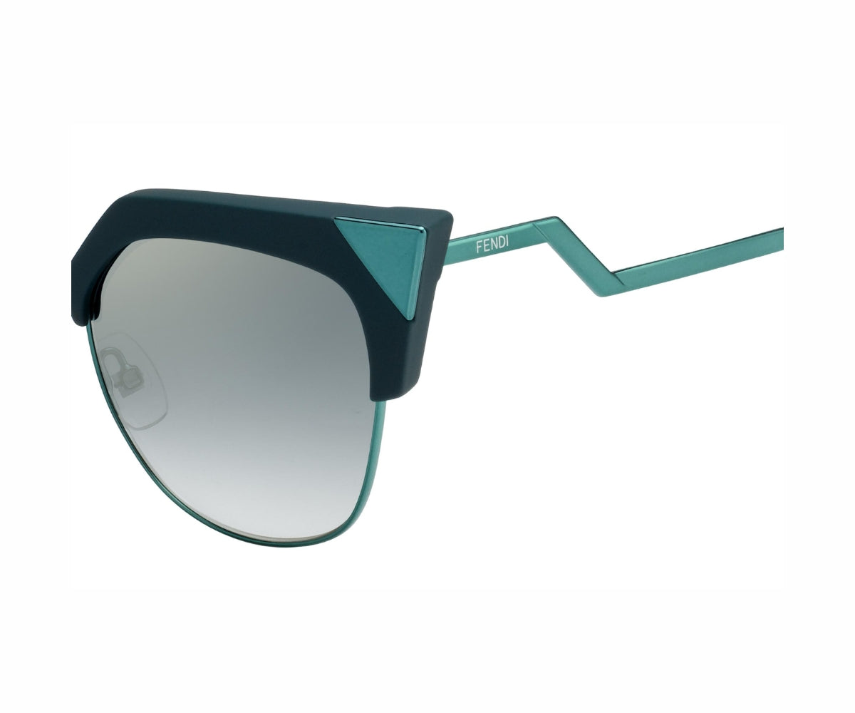 FENDI designer sunglasses with teal frame and mirrored lenses, luxury fashion eyewear