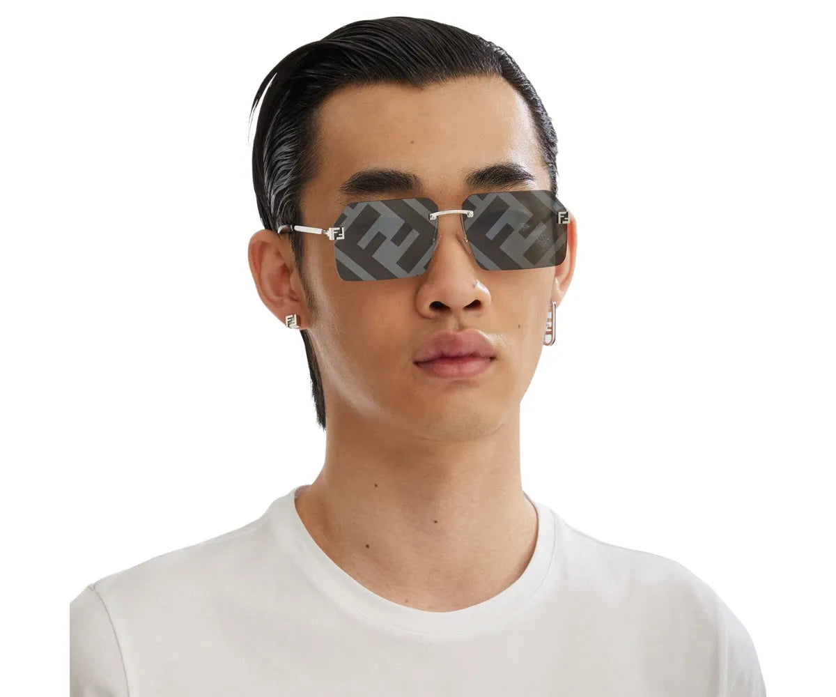 Men's designer sunglasses with FF logo pattern, silver frame, and matching earrings