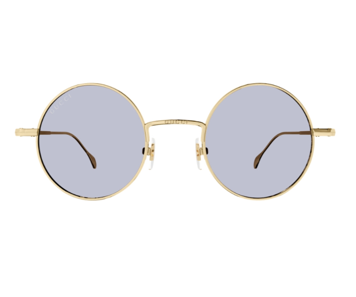 Gucci round gold frame sunglasses with light blue lenses, luxury designer eyewear