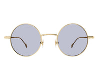 Gucci round gold frame sunglasses with light blue lenses, luxury designer eyewear view 2