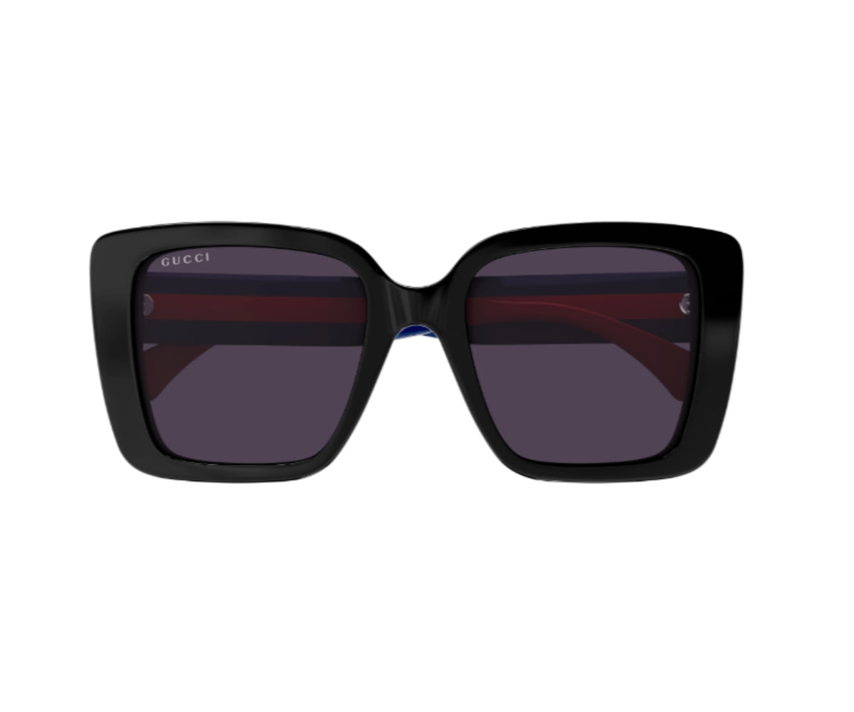Gucci black square sunglasses with red and blue stripe, luxury designer frames