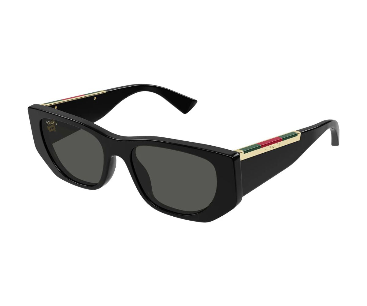 Gucci black rectangular sunglasses with green-red-green stripe on arms, luxury designer frames