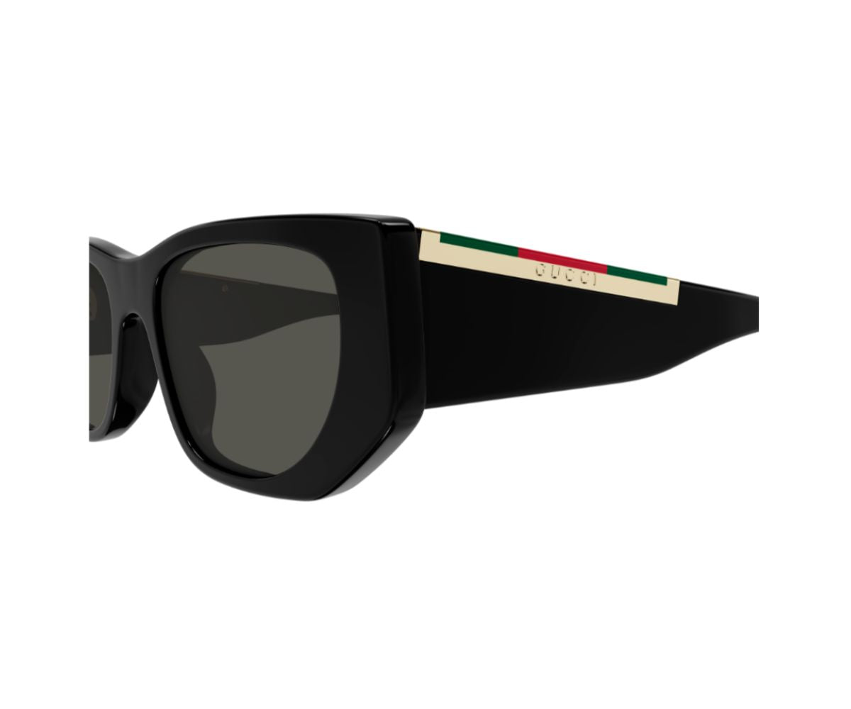 Gucci black square sunglasses with green-red-green stripe on temple, designer luxury eyewear