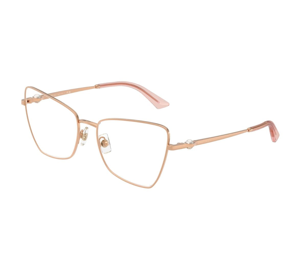 Rose gold cat-eye glasses with pearl accents, designer luxury eyewear