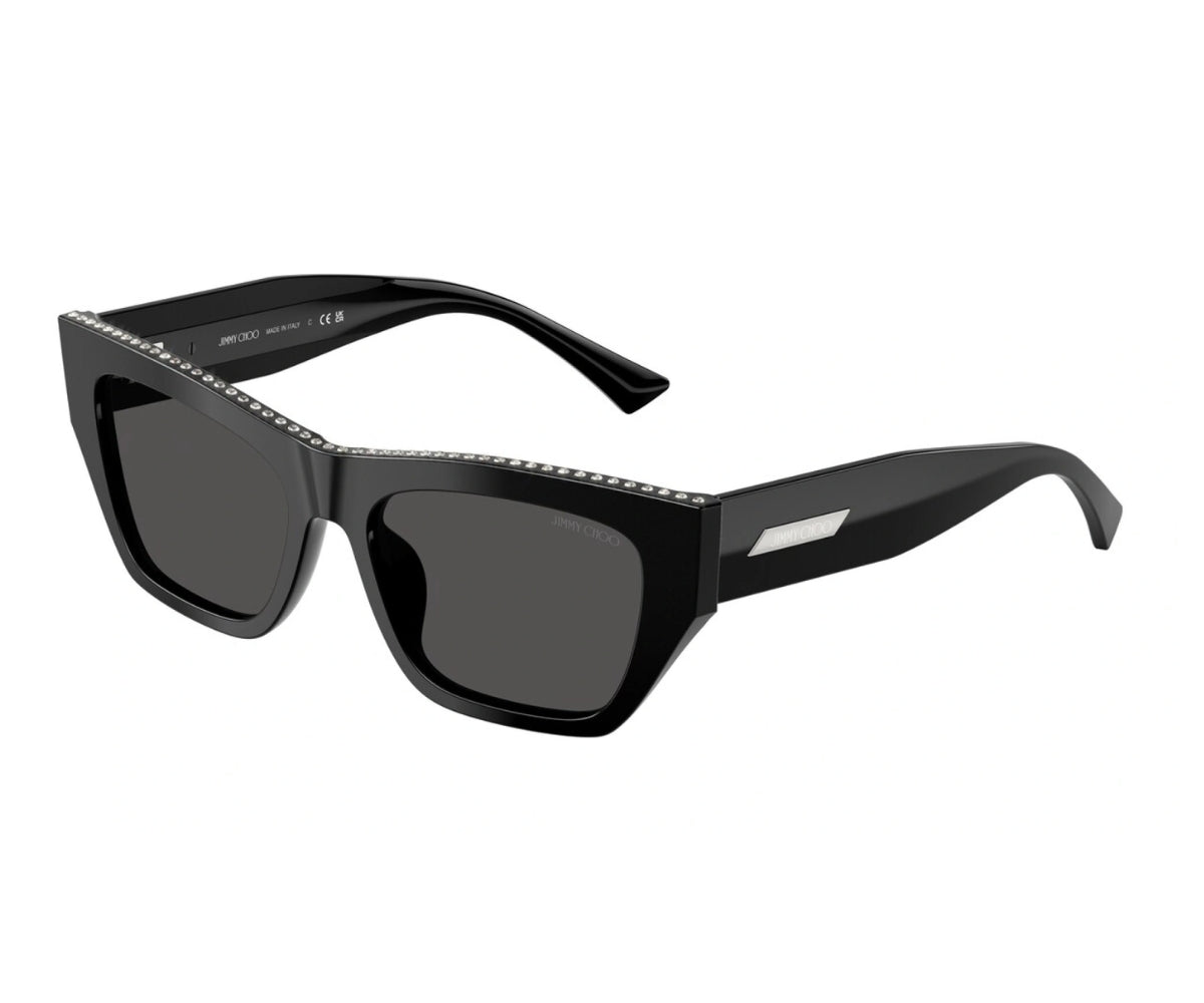 Jimmy Choo black square sunglasses with crystal embellishments, luxury designer frames