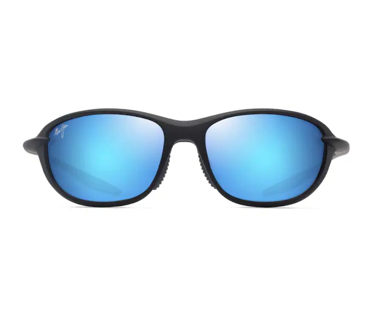 Black framed sunglasses with blue mirrored lenses, stylish designer sunwear for men and women.