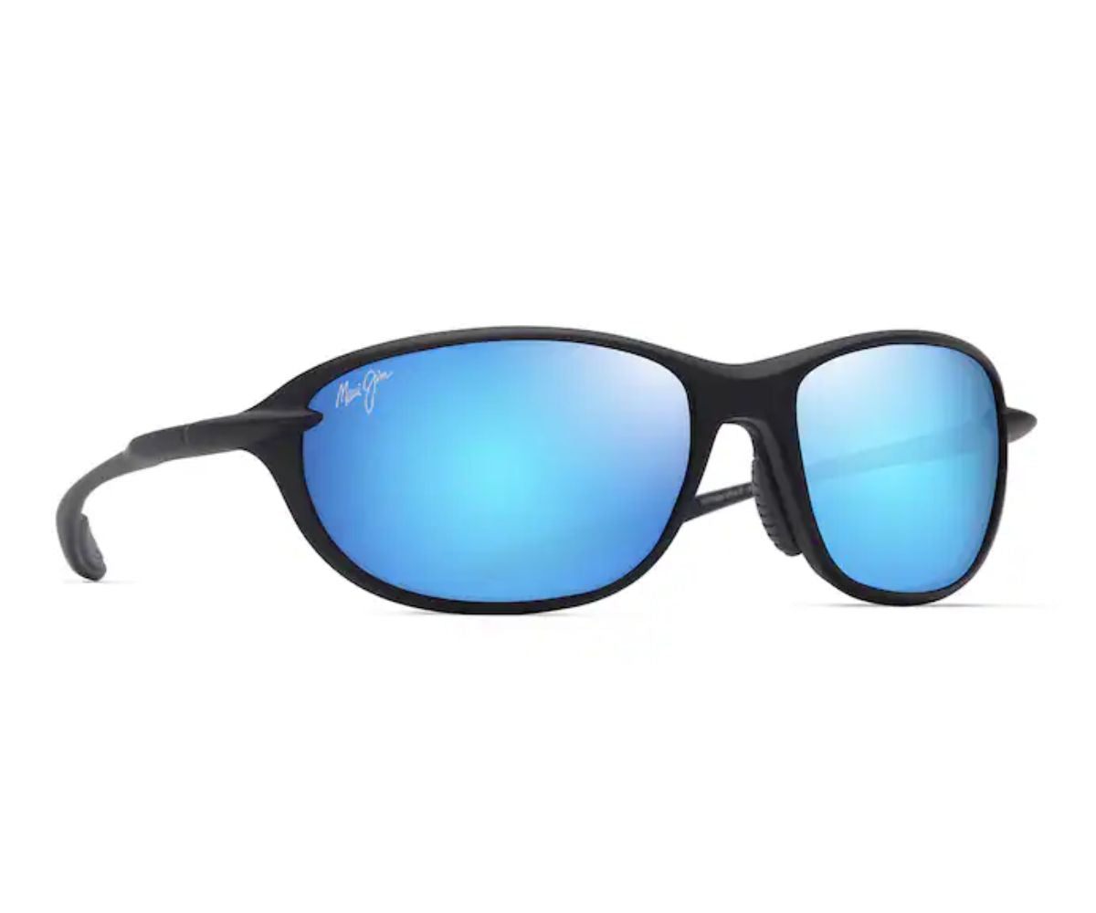 Black Maui Jim sunglasses with blue mirrored lenses, luxury designer style for men and women