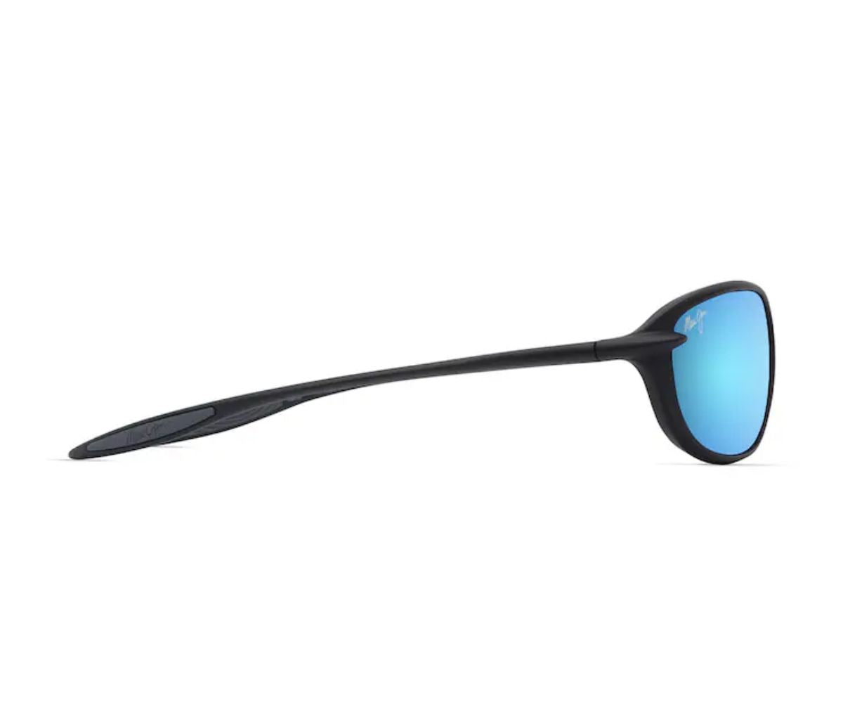 Black Ray-Ban sunglasses with blue mirrored lenses, sleek design for men and women