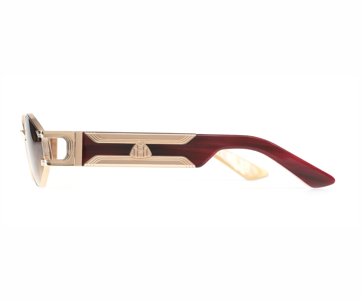 Luxury burgundy and gold aviator sunglasses with designer detailing, perfect for fashion-forward style.