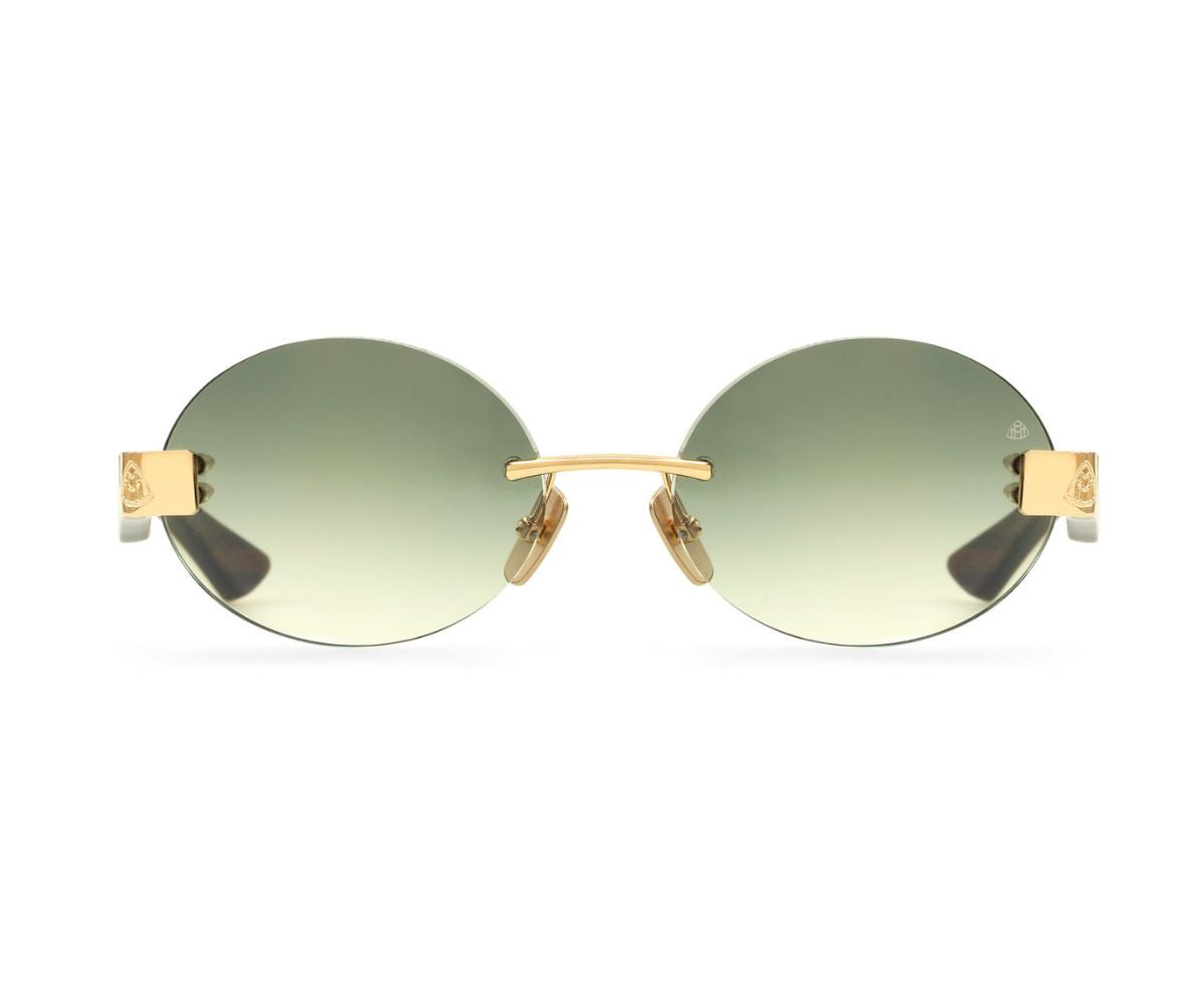 Oval gold-frame sunglasses with green gradient lenses, luxury designer style