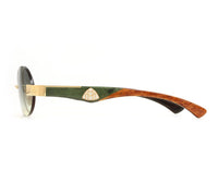 Luxury round sunglasses with green and wood-tone arms, gold accents, designer detail view 3