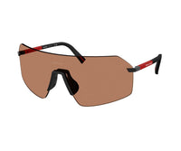 Prada shield sunglasses with black and red frames, brown tinted lenses, luxury designer style view 1
