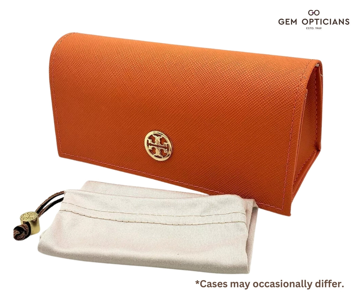Orange textured sunglasses case with gold logo, includes cloth pouch for luxury eyewear storage