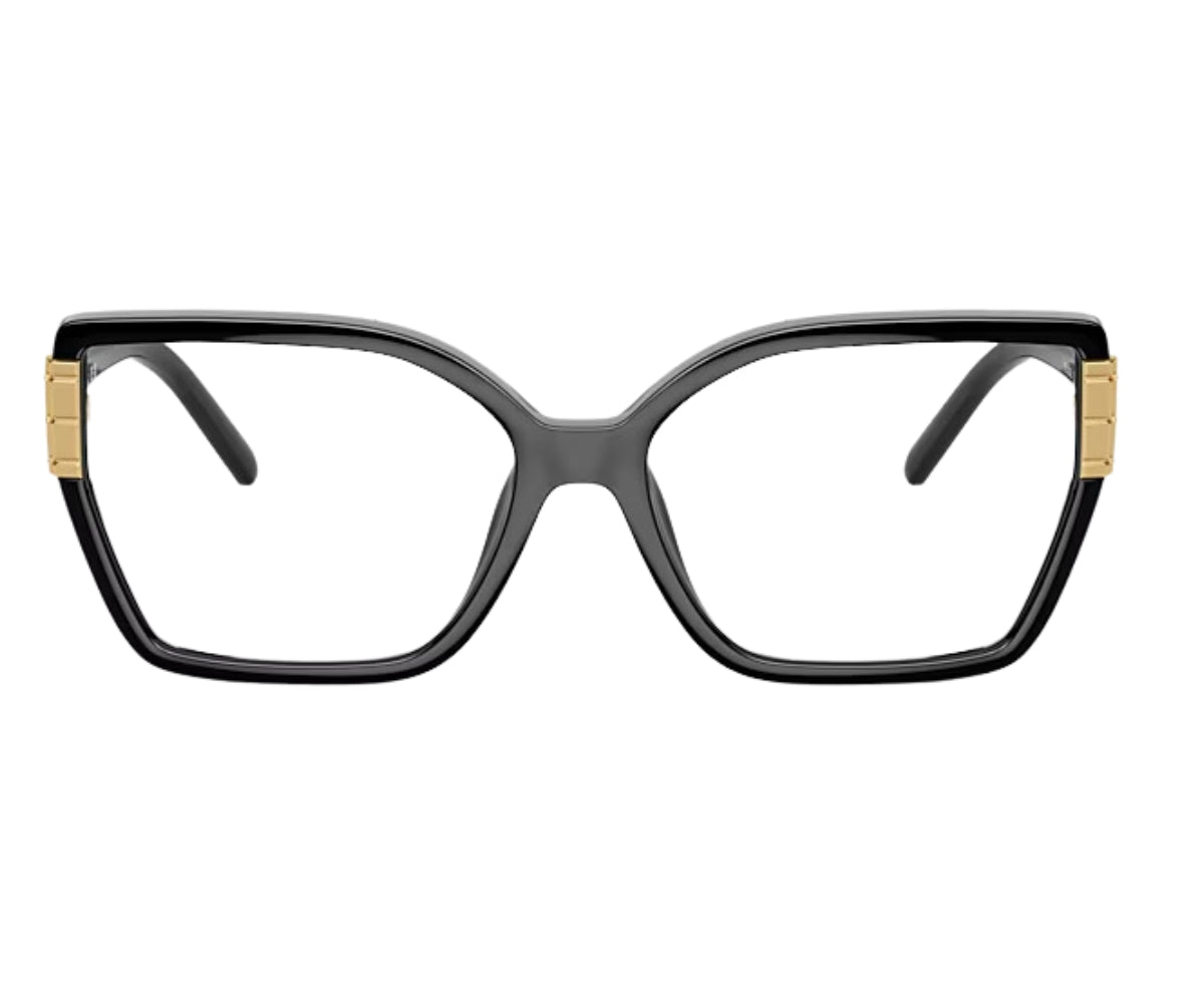 Black cat-eye glasses with gold accents, luxury designer eyewear frames