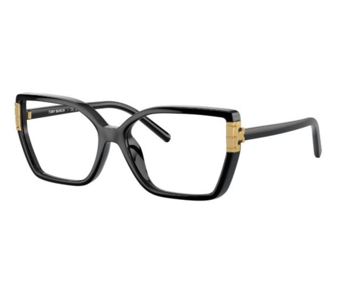 Black Tory Burch cat-eye glasses with gold accents, luxury designer eyewear
